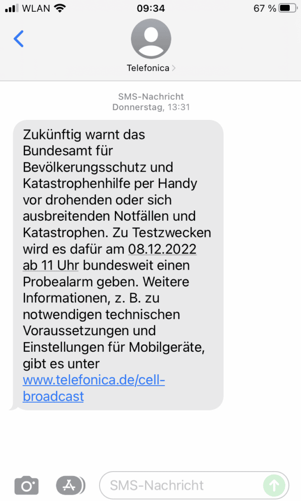 Informations-SMS zur neuen Cell-Broadcast-Technologie zur Katastrophenwarnung. Bild: Mimikama