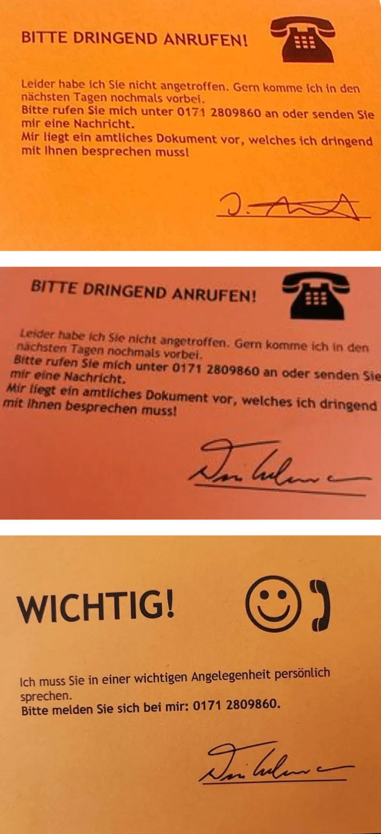 „Bitte dringend Anrufen!“ Orange Karten im Briefkasten