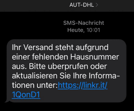 Screenshot der gefälschten SMS mit Absender "AUT-DHL"