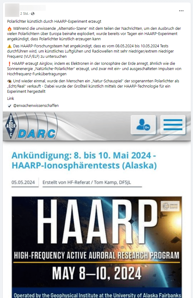 Screenshot: Facebook zu "Polarlichter künstlich durch HAARP-Experiment erzeugt!"