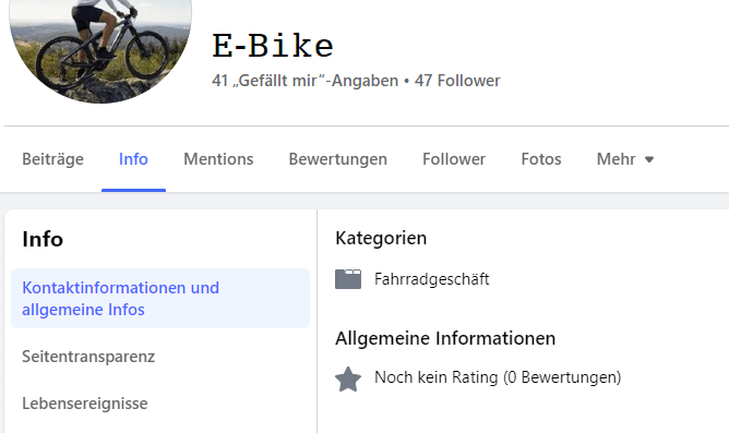 Facebook Seite "E-Bike" - Info
