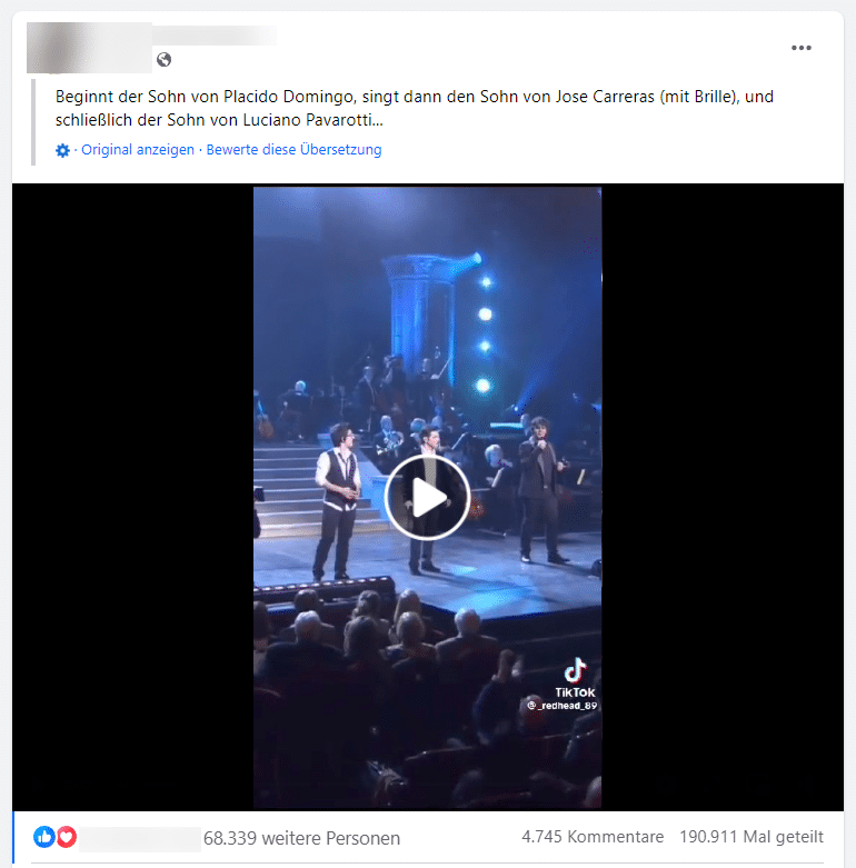 Screenshot: Facebook (Das Video, das Tausende Male auf Facebook geteilt wurde, enthält folgende Beschreibung: „Beginnt der Sohn von Placido Domingo, singt dann der Sohn von Jose Carreras (mit Brille), und schließlich der Sohn von Luciano Pavarotti...“ )