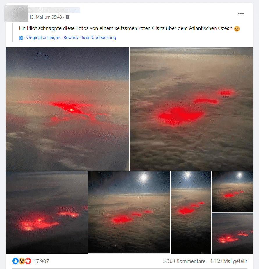 Screenshot: Facebook / Behauptungen über das rote Leuchten über dem Atlantischen Ozean