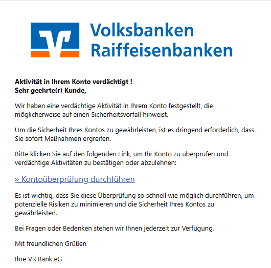 Screenshot einer fraglichen betrügerischen Mail der "Volksbank"