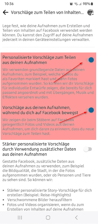 Anleitung zum Abschalten der Facebook-Vorschläge zum Teilen von Inhalten aus deinen Aufnahmen