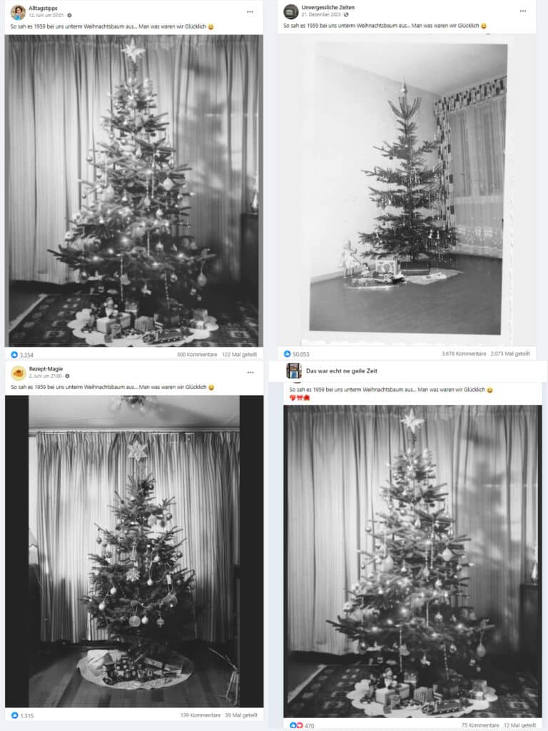 Screenshot: Facebook mit  „So sah es 1959 bei uns unterm Weihnachtsbaum aus... Man, was waren wir glücklich“ 
Die dunkle Seite der Nostalgie