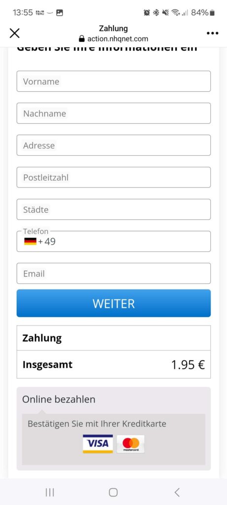 Screenshot der Fake-Seite: Bezahlung mit Kreditkarte