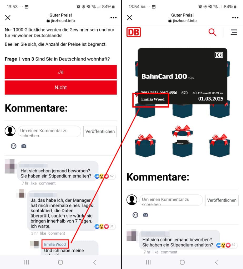 Screenshot Fake-Seite mit gefälschten Kommentaren