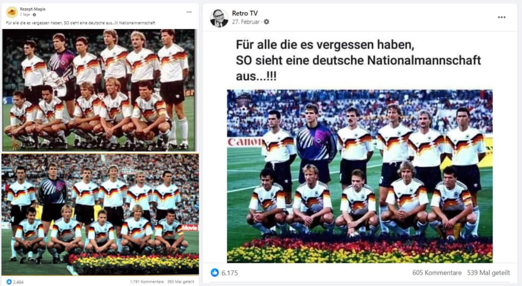 Screenshot: Facebook mit  „Das waren noch Zeiten und eine richtige deutsche Mannschaft!“
Die dunkle Seite der Nostalgie