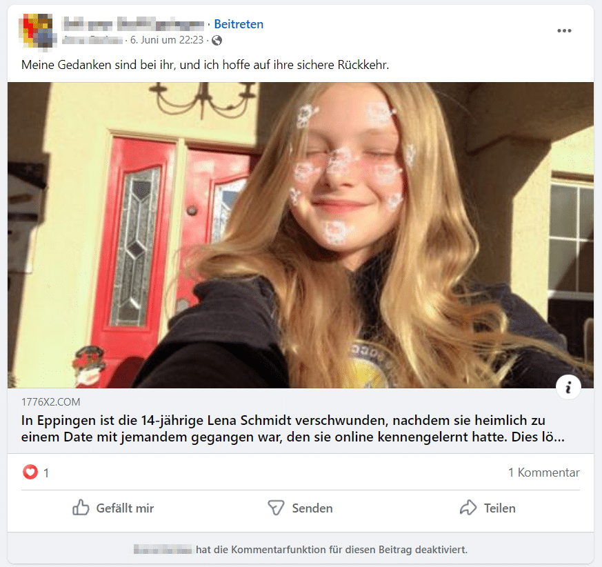 Screenshot Facebook: Dieser Statussbeitrag der 14-jährigen Lena Schmidt ist ein FAKE