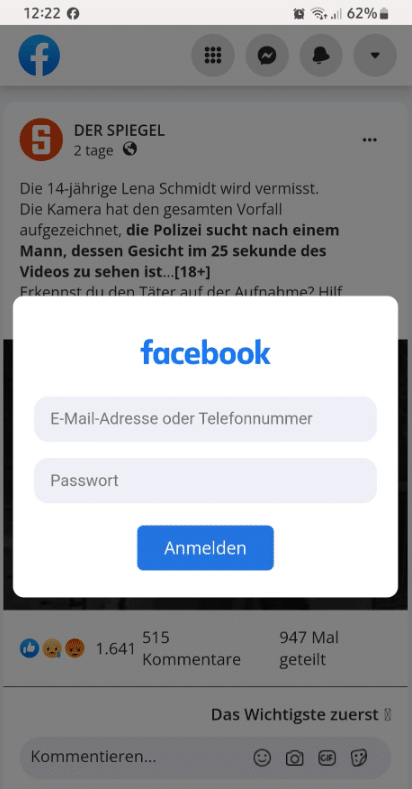 Screenshot: Fake Facebook-Seite inkl. einem Fake-Statusbeitrag von "Der Spiegel"