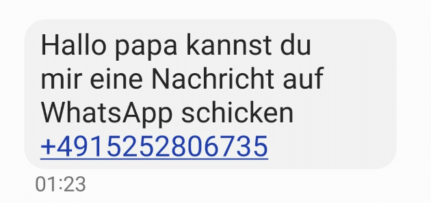 Screenshot: Es handelt sich dabei um solche oder ähnliche Nachrichten die entweder per SMS oder WhatsApp von WhatsApp-Betrügerbanden versendet werden: