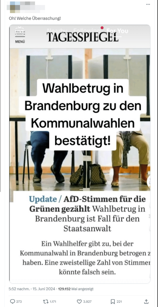 Screenshot des Posts auf X (hier archiviert); Screenshot eines Artikels aus dem Jahr 2019, der fälschlicherweise auf die Kommunalwahl 2024 in Brandenburg bezogen wird.