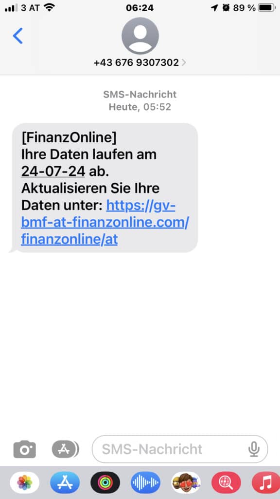 Achtung: Betrügerische FinanzOnline-Seite im Umlauf! - Screenshot der gefälschten Nachricht