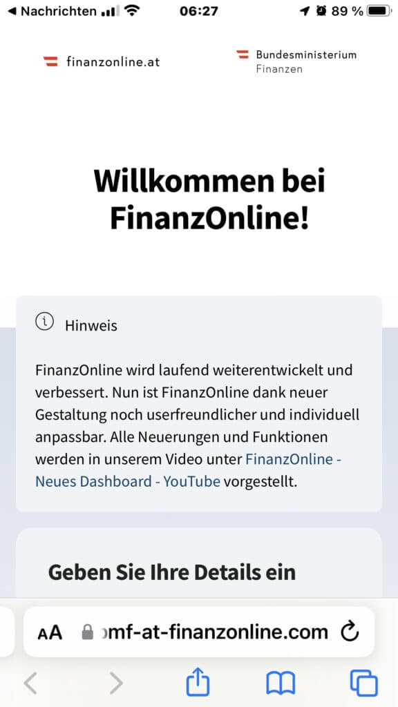 Achtung: Betrügerische FinanzOnline-Seite im Umlauf! - Screenshot der Seite hinter dem Link