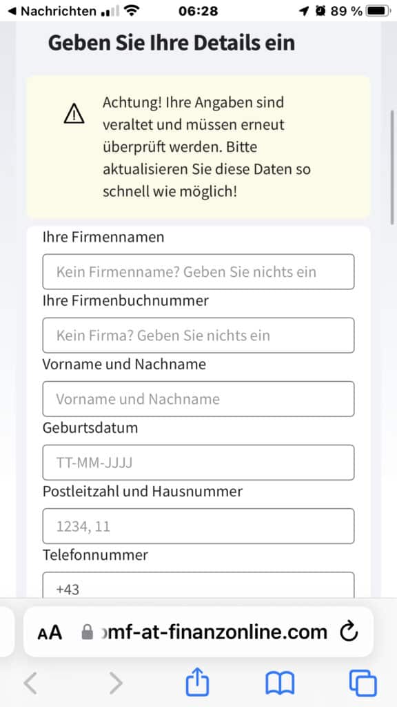 Achtung: Betrügerische FinanzOnline-Seite im Umlauf! - Screenshot der Seite hinter dem Link