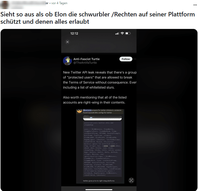 Screenshot des vermeintlichen Leaks - der Originalaccount  "Anti-Fascist Turtle" und Post sind inzwischen gesperrt bzw. gelöscht (Screenshot auf X)