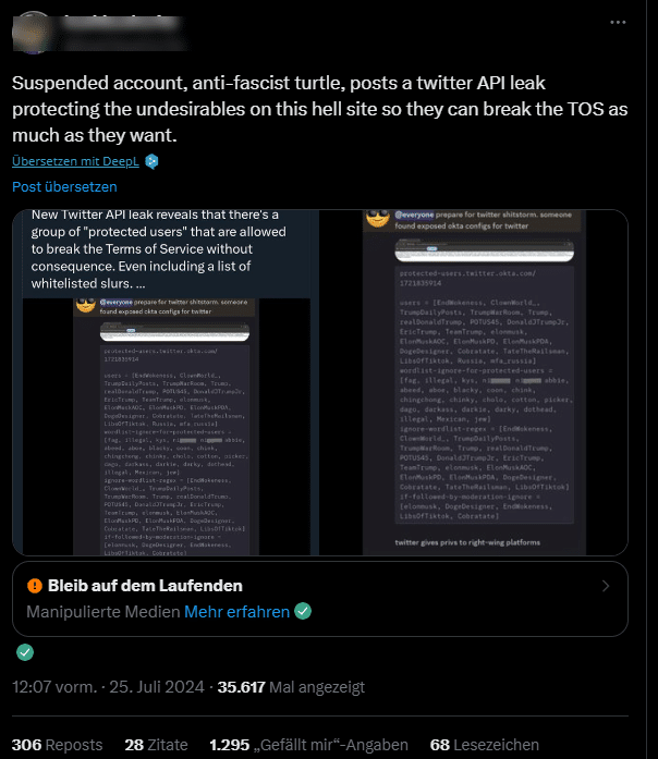 Screenshot des vermeintlichen Leaks - der Originalaccount "Anti-Fascist Turtle" und Post sind inzwischen gesperrt bzw. gelöscht (Screenshot auf X)