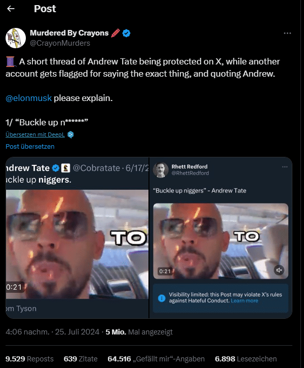 Beispiel des unterschidelichen Handlings der Moderation am Beispiel Andrew Tate (Screenshot auf X)