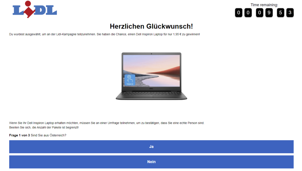 Screenshot des "Fragebogens" auf einer falschen Lidl-Webseite