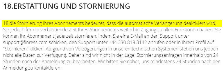 Screenshot mit dem Hinweis auf Stornierung / Abo