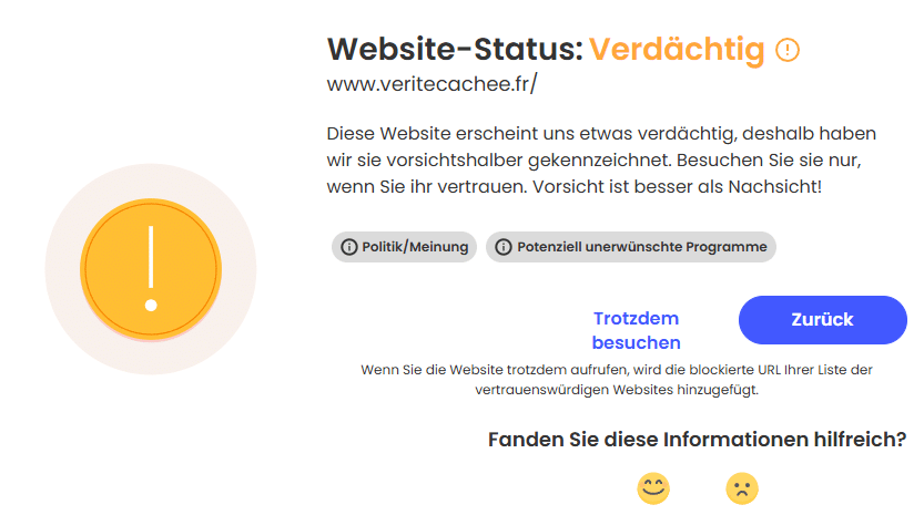 Screenshot bei Aufruf der fraglichen Webseite "Hidden Truth France – Wahre und ungeschminkte Nachrichten nach Frankreich bringen (veritecachee.fr)" (Screenshot: privat)