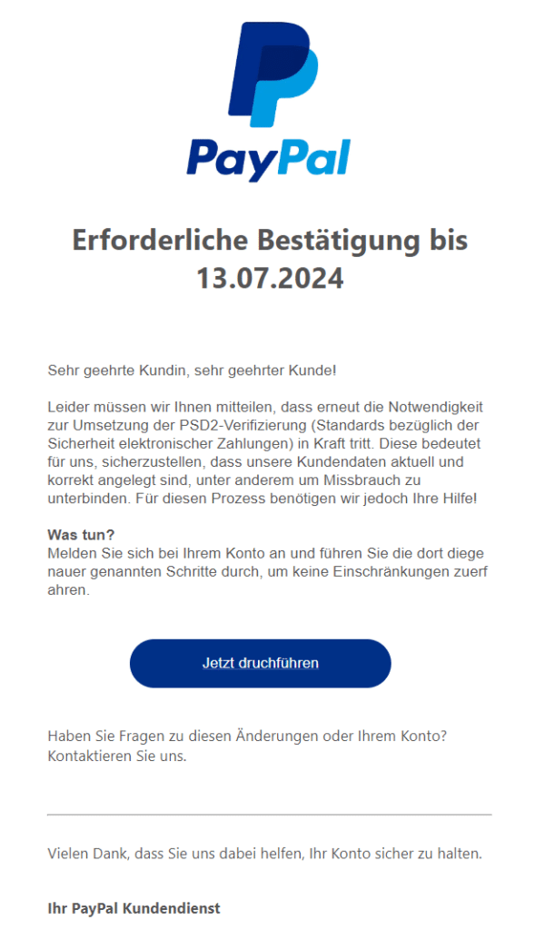 Screenshot der aktuell im Umlauf befindlichen Phishing-Mail