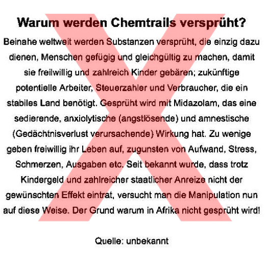 Die absurde Verschwörungstheorie der Chemtrails - Screenshot des verbreiteten Sharepics aus den sozialen Medien