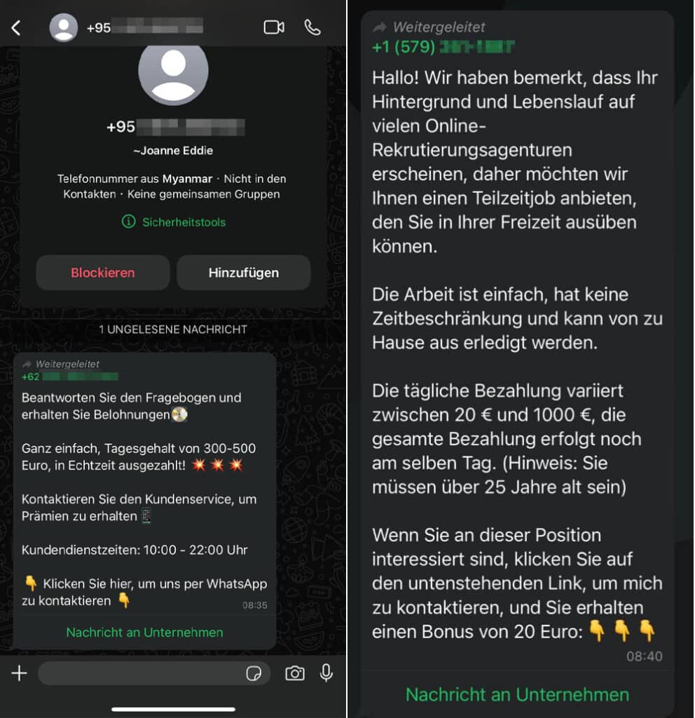 Screenshots Jobangebote über WhatsApp