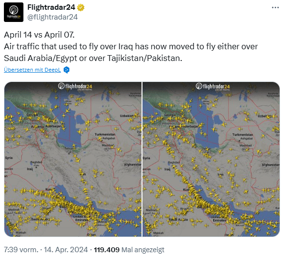 Screenshot Flightradar24.com auf X; 14. April gegenüber 07. April: Der Flugverkehr, der früher über den Irak geführt wurde, wird jetzt entweder über Saudi-Arabien/Ägypten oder über Tadschikistan/Pakistan geführt.